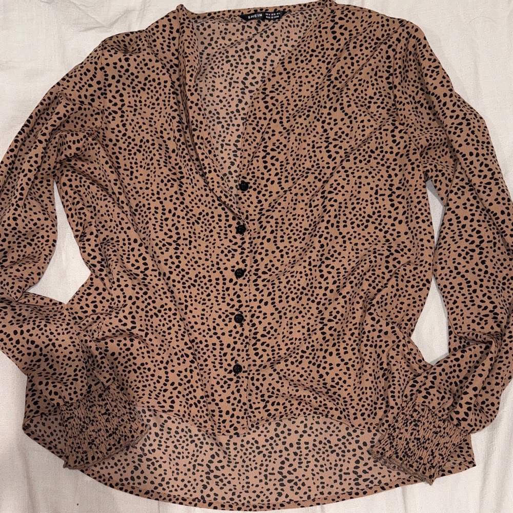 SHEIN Tan and Black Button-Up Blouse